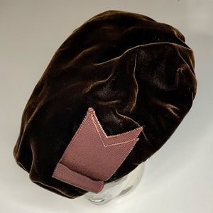 Vintage 60’s Chocolate Brown Velvet Beret Tam Hat with Ribbon Accent